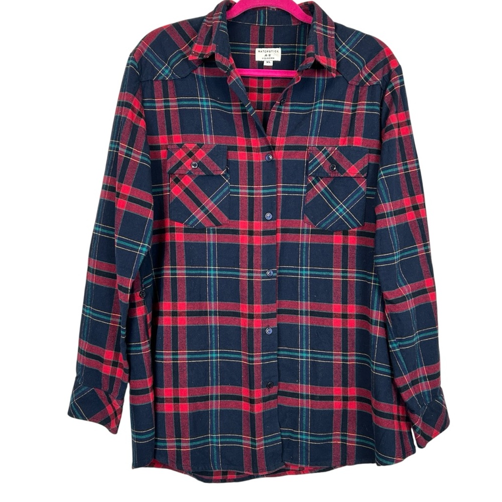Matchstick Argus Flannel Shirt Womens XL Red Blue Plaid Roll Tab Side And Sleeve